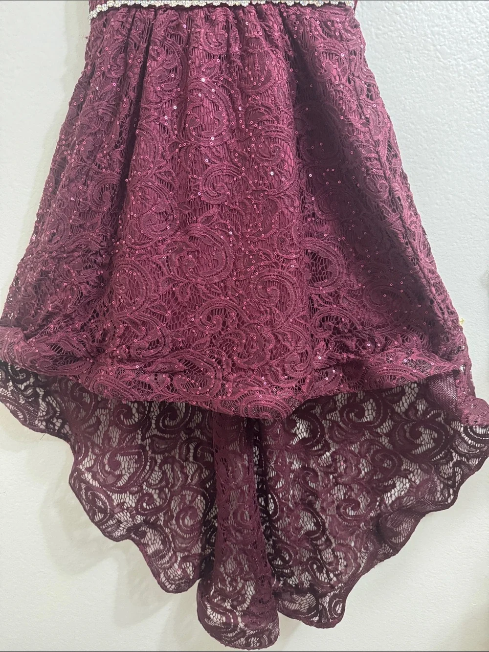 Rare Editions- Girls Lace Sequined High-Low Dress with Jeweled Waist in Burgundy